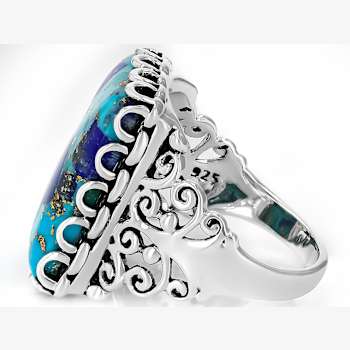 Blended Turquoise And Lapis Lazuli Solitaire Ring In Oxidized Sterling Silver