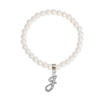 White Faux Pearl Bead Initial Charm Stretch Bracelet