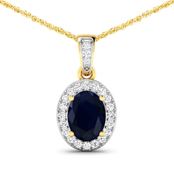 1.30ctw 14K Yellow Gold Blue Sapphire and White Diamond Pendant with 18
inch Cable Chain