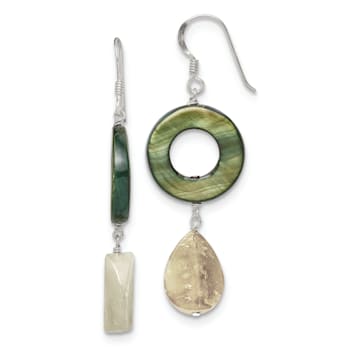 Sterling Silver Polished Jadeite and Green Mother of Pearl Dangle Earrings