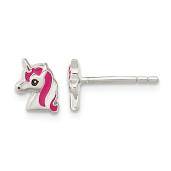 Rhodium Over Sterling Silver Pink Enamel Unicorn Head Childs Post Earrings