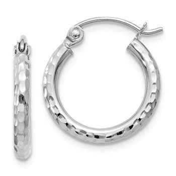 Rhodium Over 14k White Gold Diamond-Cut 9/16" Round Tube Hoop Earrings