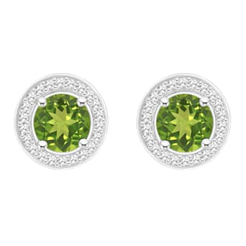 6mm Round Peridot 1/5 ctw Diamond Rhodium Over Sterling Silver Halo Stud Earrings