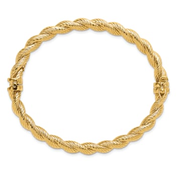 14K Yellow Gold Polished and Textured Twisted Hinged Bangle