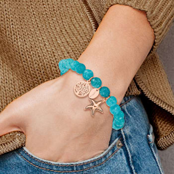 Rose Stainless Steel Antiqued and Polished Starfish Aqua Dyed Jade Bracelet