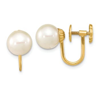 14K Yellow Gold 7-8mm Round White Freshwater Cultured Pearl Non-pierced Earrings