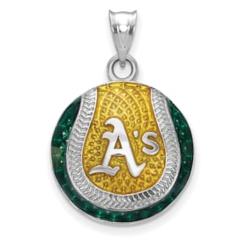 Rhodium Over Sterling Silver MLB LogoArt Oakland Athletics Enameled Pendant