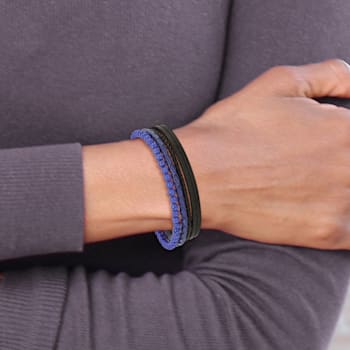 Leather and Stainless Steel Polished Black IP Plated with Lapis with
0.5-inch Extension Bracelet