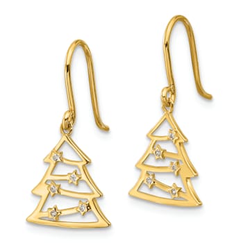 14K Yellow Gold Polished Cubic Zirconia Christmas Tree Shepherd Hook
Dangle Earrings