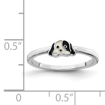Rhodium Over Sterling Silver Black and White Enameled Puppy Children's Ring