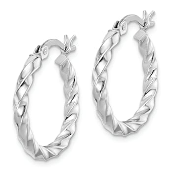 Rhodium Over Sterling Silver Twisted 3x20mm Hoop Earrings