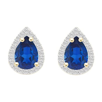 7x5mm Pear Shape Created Sapphire And Created White Sapphire 10k Yellow
Gold Halo Stud Earrings