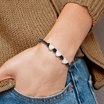 Black Leather and Stainless Steel with Polished Hearts 7.5-inch Bracelet