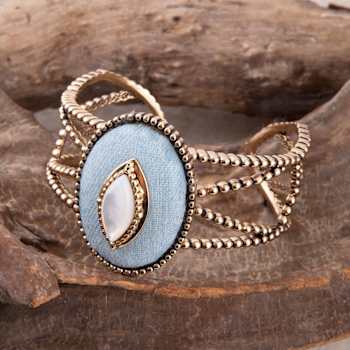 Barse Jewelry Blue Denim Dreams White Mother of Pearl Golden Cuff Bracelet