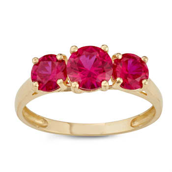 Lab Created Ruby 3-Stone 10K Yellow Gold Ring 2.00ctw