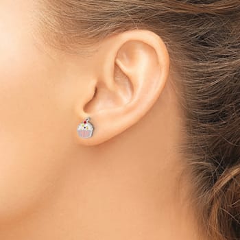 Rhodium Over Sterling Silver Enamel Cupcake Children's Post Earrings