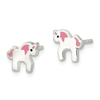 Rhodium Over Sterling Silver Multicolor Enamel Unicorn Childs Post Earrings