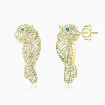 Emerald Color CZ Panther Drop Earrings In 14K Gold Over Brass