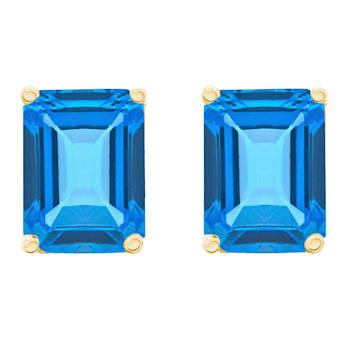 8x6mm Emerald Cut Blue Topaz 14k Yellow Gold Stud Earrings