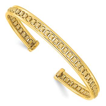 14k Yellow Gold 6.8mm Polished and Textured Cuff Bangle
