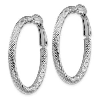 Rhodium Over 14k White Gold Diamond-Cut 1 1/4" Round Hoop Earrings