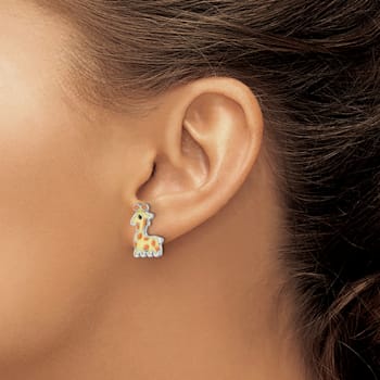 Rhodium Over Sterling Silver Enameled Giraffe Children's Post Earrings