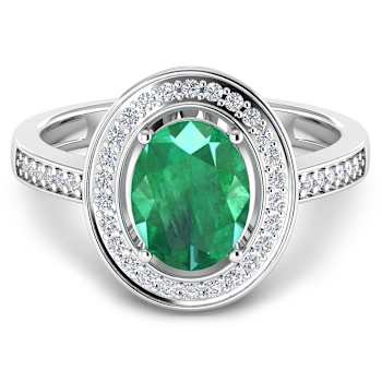 1.75ctw Green Emerald and Diamond 14K White Gold Halo Ring
