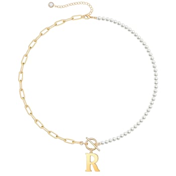 14K Gold Over Brass Initial Pearl Simulant Link Chain Necklace Letter R