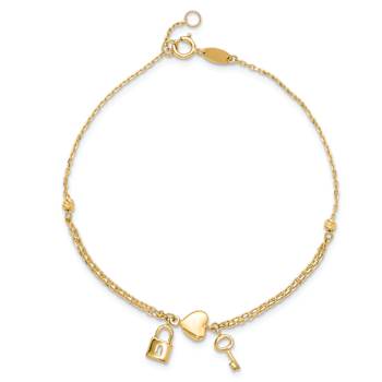 14k Yellow Gold Polished and Diamond-Cut Heart Lock and Key Bracelet