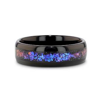 COSMIC Black Tungsten Ring with Crushed Alexandrite and Dark Blue and
Purple Crushed Goldstone 8mm