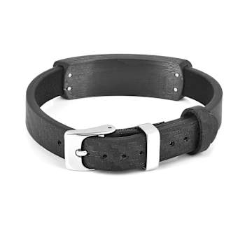 Mens Stainless Steel with Carbon Fiber and Black Leather Bar Bracelet