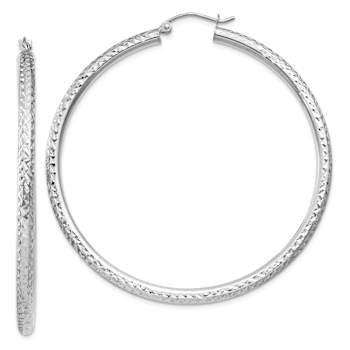 Rhodium Over 14k White Gold Diamond-Cut 2 3/16" Round Hoop Earrings