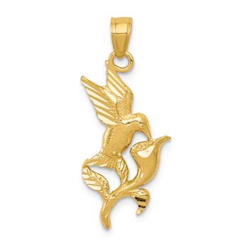 14k Yellow Gold Polished, Textured and Diamond-Cut Hummingbird with
Flower Pendant