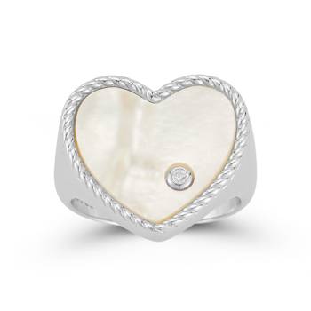 Mother-Of-Pearl Heart Signet Ring In Sterling Silver With CZ Accent