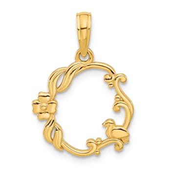 14K Yellow Gold Polished Floral with Bird Circle Pendant