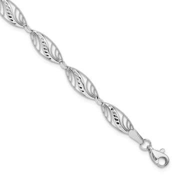 Rhodium Over 14k White Gold Filigree Textured and Diamond-Cut Fancy Link Bracelet