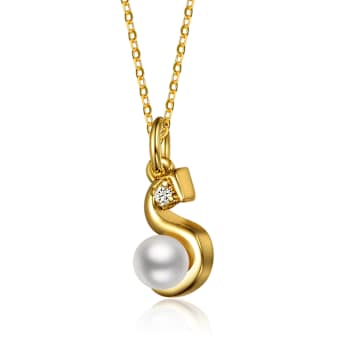 Initial S White Pearl And Pear Shape CZ Pendant Necklace In 14K Gold
Over Brass