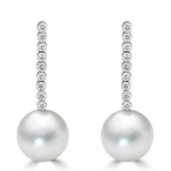 14KW  9mm Akoya White Pearl Drop Earrings, 0.27 ctw Diamond