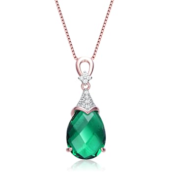 Emerald Color CZ Teardrop Pendant In 18K Rose Gold Over Sterling Silver