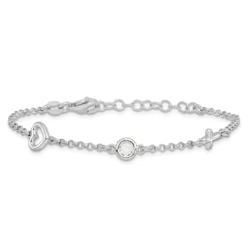 Rhodium Over Sterling Silver Cubic Zirconia Heart and Cross with 1-inch
Extension Bracelet