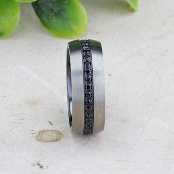 AVIATOR Domed Brushed Titanium Men's Wedding Band with Black Sapphire
Stones Inlay 8mm