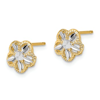 14k Two-tone 7.9mm Diamond-Cut Flower Stud Earrings