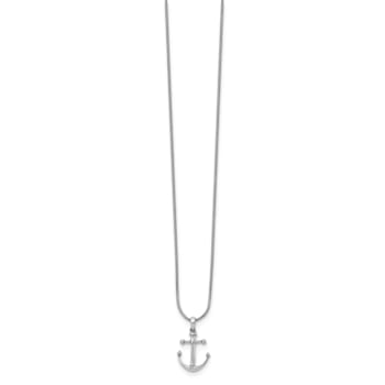 Rhodium Over Sterling Silver White Ice Diamond Anchor Necklace