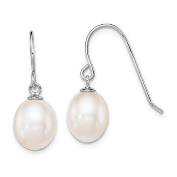 Rhodium Over Sterling Silver Polished 8-9mm Freshwater Cultured Pearl
Dangle Earrings