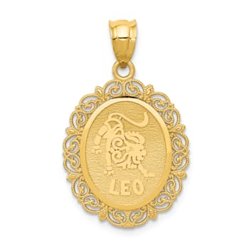 14k Yellow Gold Solid Satin, Polished and Textured Leo Zodiac Oval Pendant