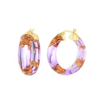 14K Yellow Gold Over Sterling Silver Mini Gold Leaf Acrylic Hoops in Purple
