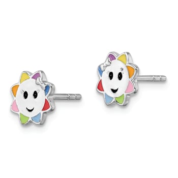 Rhodium Over Sterling Silver Multi-color Enamel Sun Children's Post Earrings