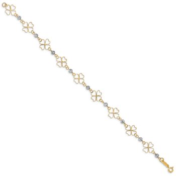 14k Two-tone Gold Diamond-Cut Open Clovers and Beads Link Bracelet