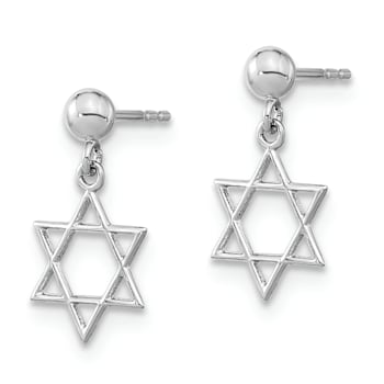 Rhodium Over 14K White Gold Polished Star of David Dangle Earrings