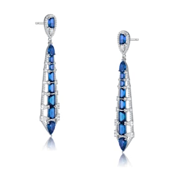 Blue Cubic Zirconia, Rhodium Over Sterling Silver Ladder Style Dangle Earrings